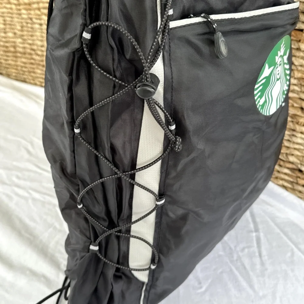 Starbucks Logo Drawstring Backpack Cinch Bag Gym Black Reflective Bungee ￼￼